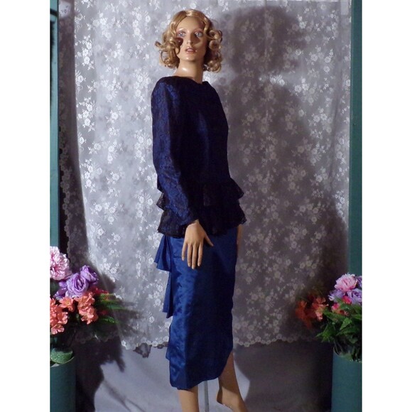 Vintage Gunne Sax Cocktail Dress Size Small 80s Retro Dark Blue Black Lace Vamp - Picture 5 of 9